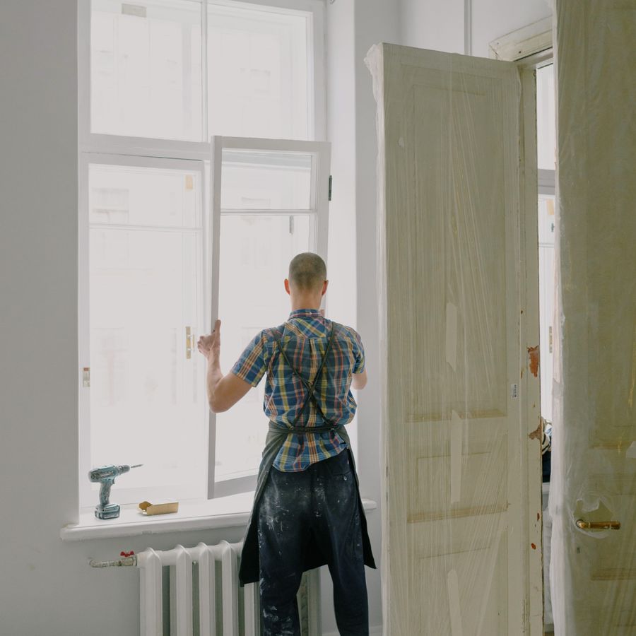 Monteur richtet ein neues Fenster im Rohbau aus